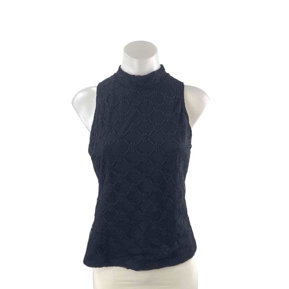 Greyson Women's Black Geometric Lace Mock Neck Sleeveless Slim Tank Blouse Top S